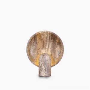 Natural travertine stone table lamp studio view with warm cream beige color and organic porous texture