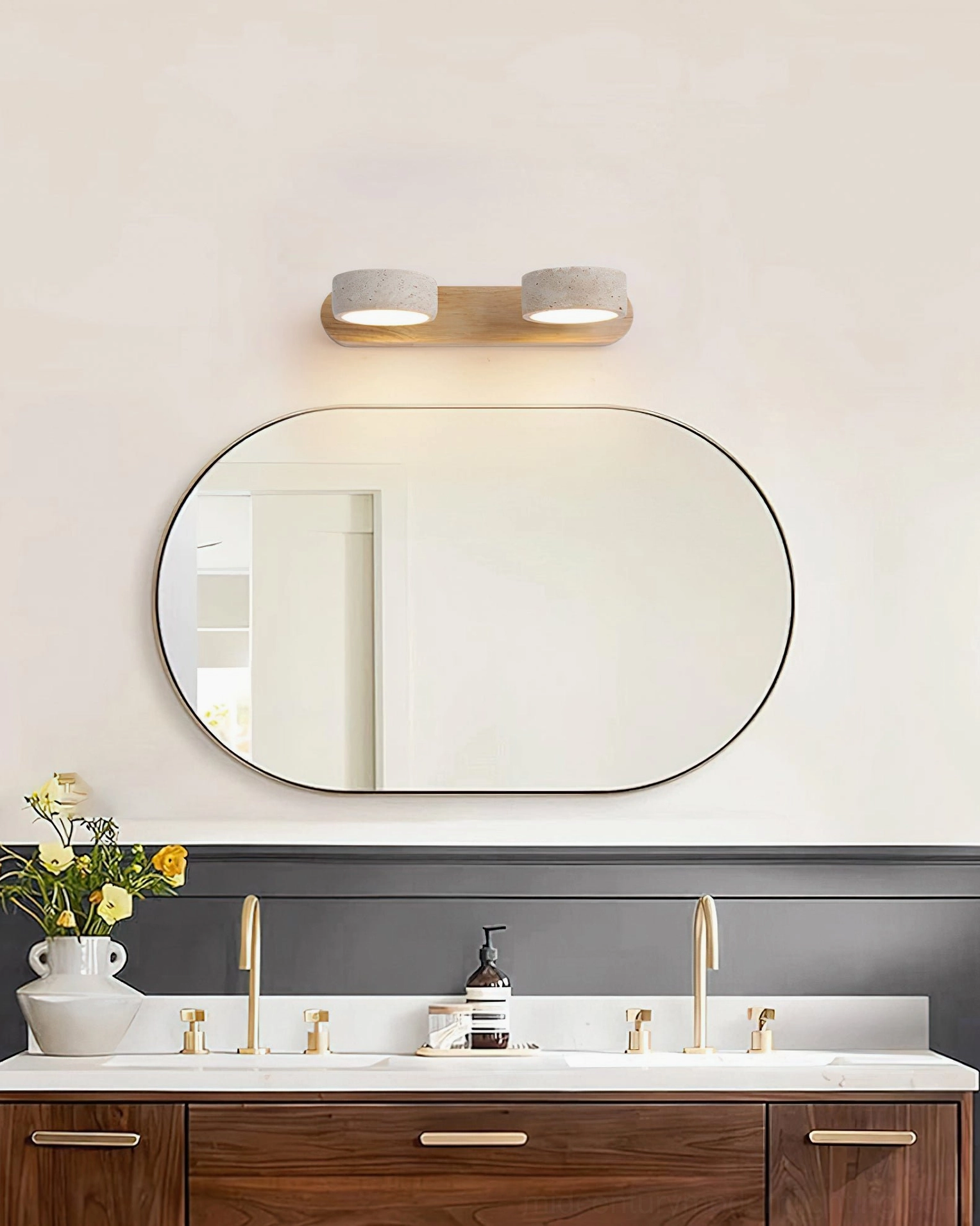 2-head travertine wall lamp overhead bathroom vanity light wood base oval mirror