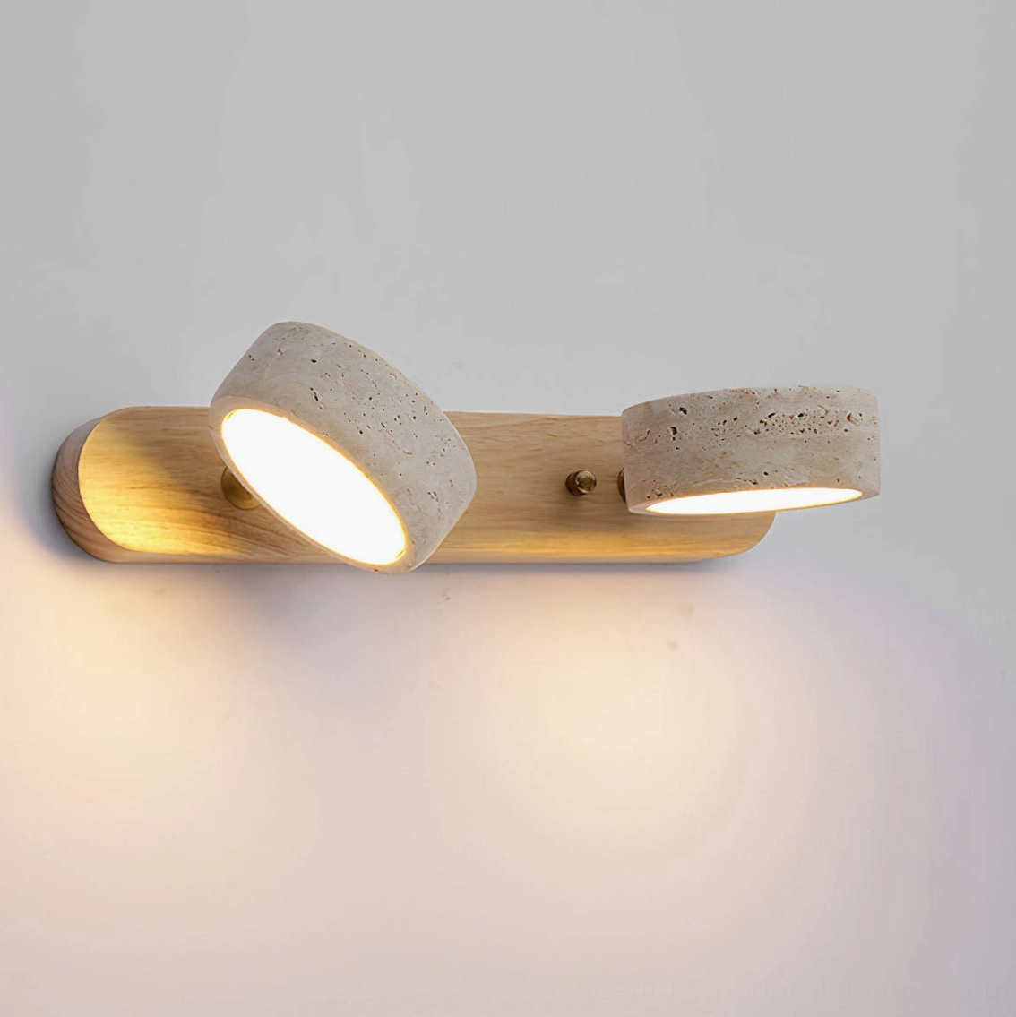 2-head travertine wall sconce close-up detail natural wood base minimalist design