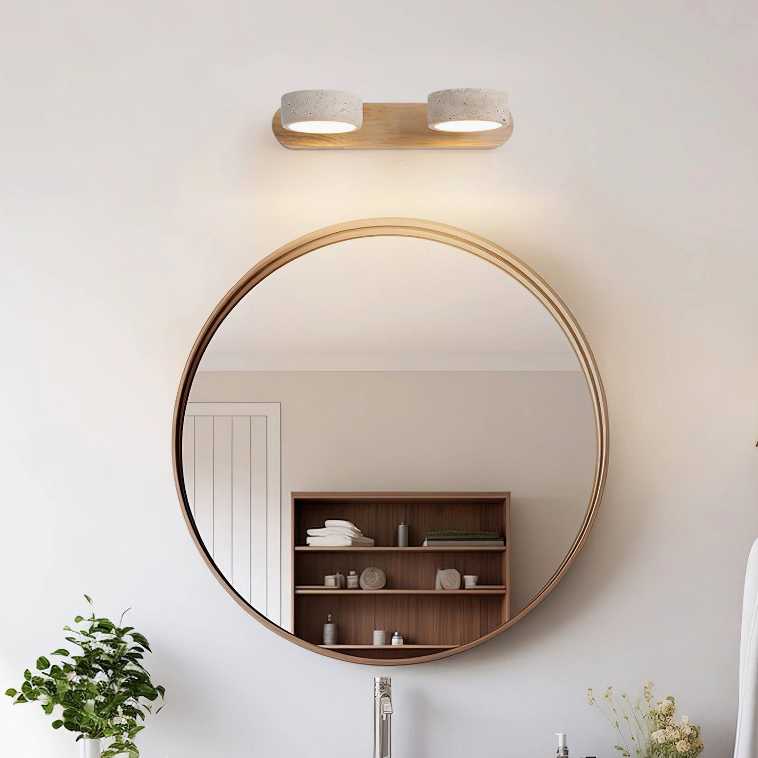 2-head travertine wall lamp overhead bathroom lighting gold mirror reflection