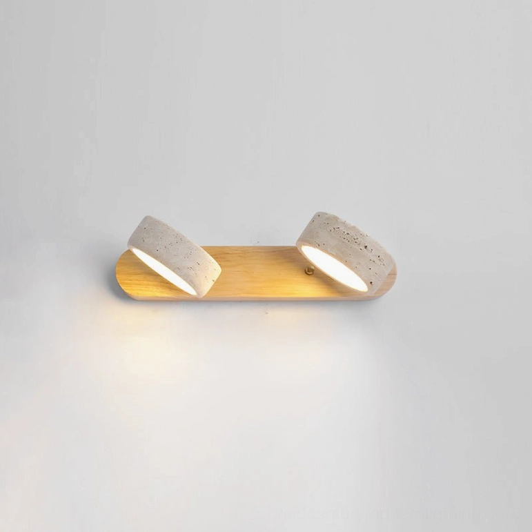 2-head travertine wall lamp walnut wood base warm light control feature