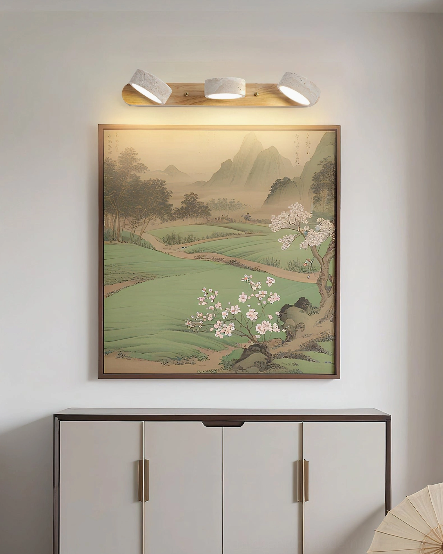 3-head travertine wall sconce living room installation light wood base wall art