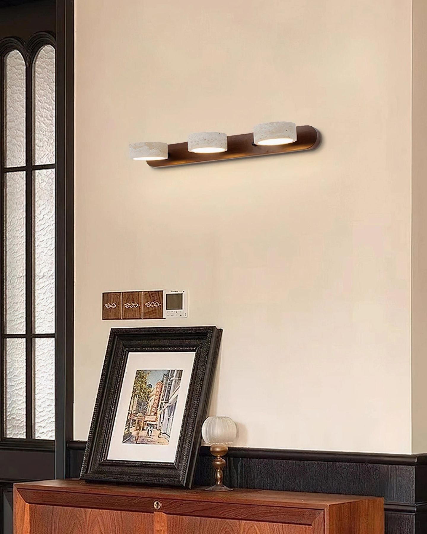 3-head travertine wall lamp side profile dark brown metal entryway minimalist