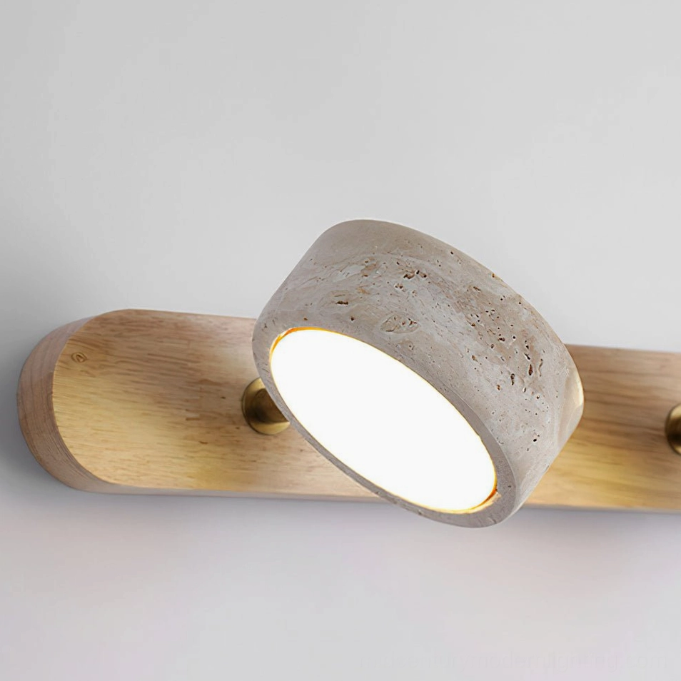 3-head travertine wall lamp walnut finish beige stone warm dimming feature