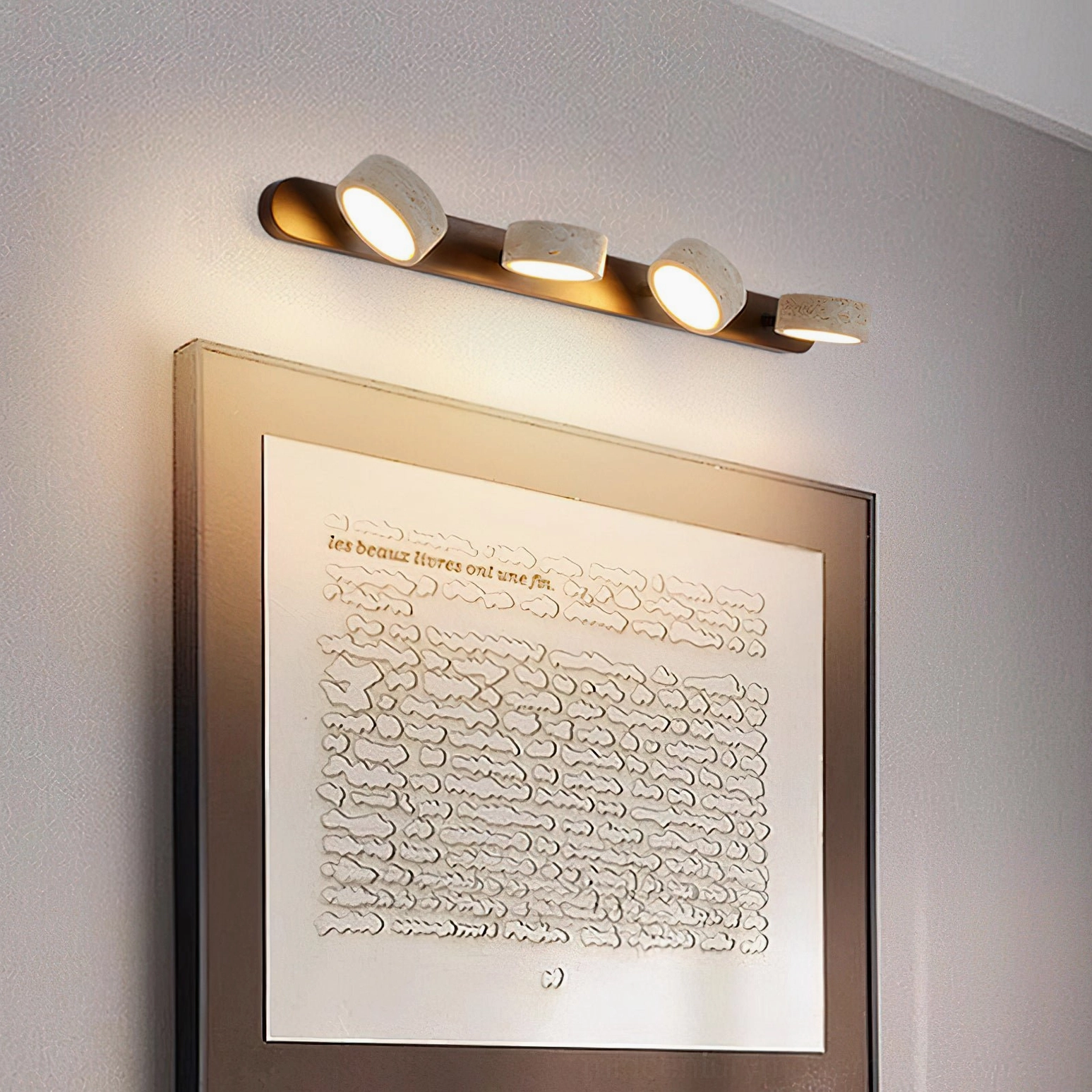 4-head travertine wall sconce side view dark metal base warm ambient lighting