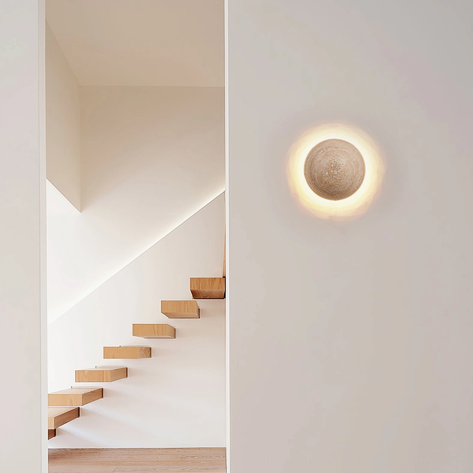 Travertine round wall sconce integrated LED light source and stone craftsmanship