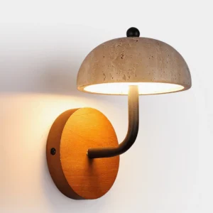 close-up detail of yellow travertine lamp shade showing natural stone texture and porous surface