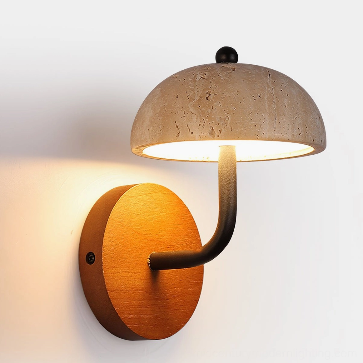 close-up detail of yellow travertine lamp shade showing natural stone texture and porous surface