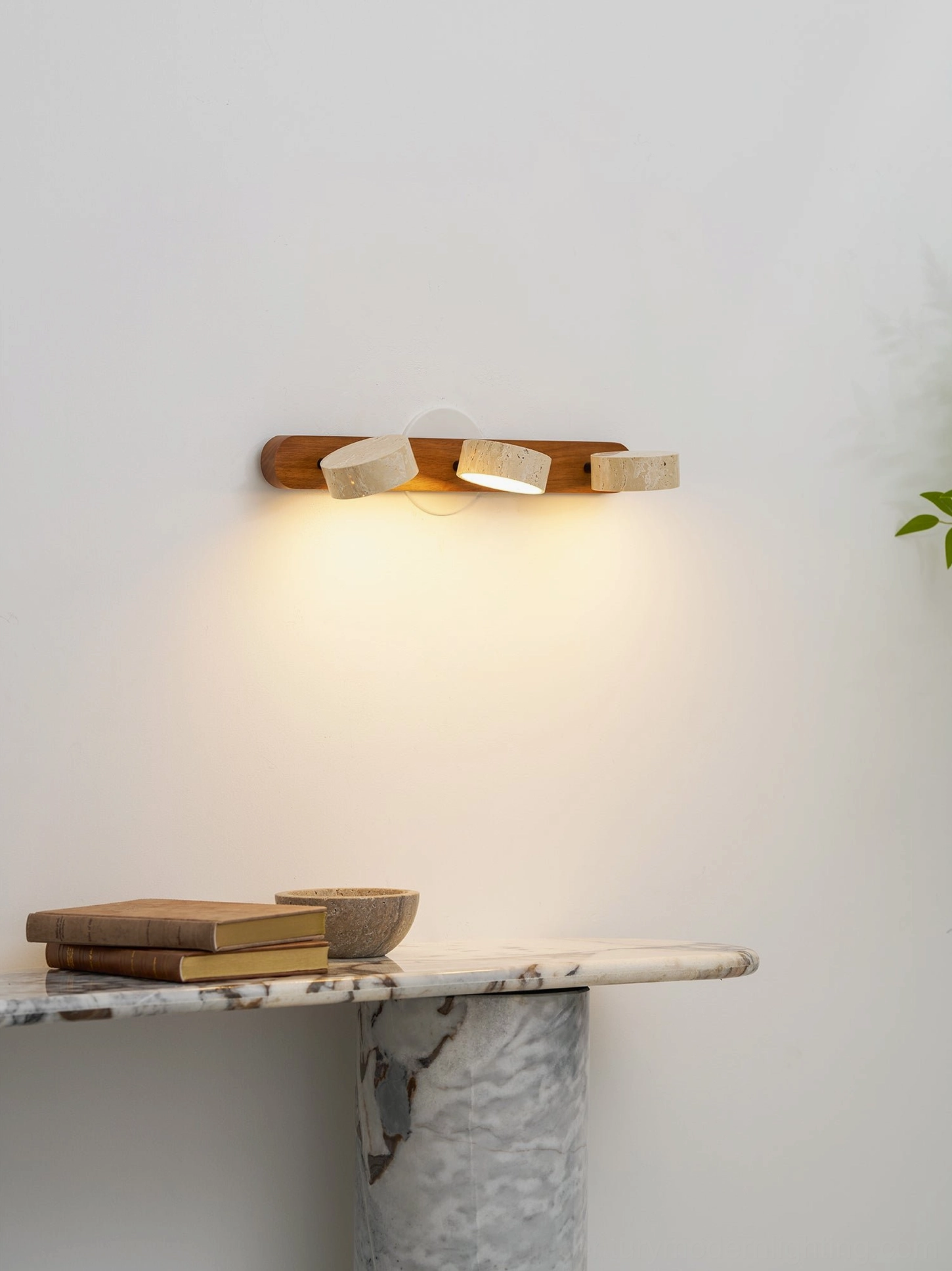 Travertine wall lamp wood base finish options beige wood walnut comparison