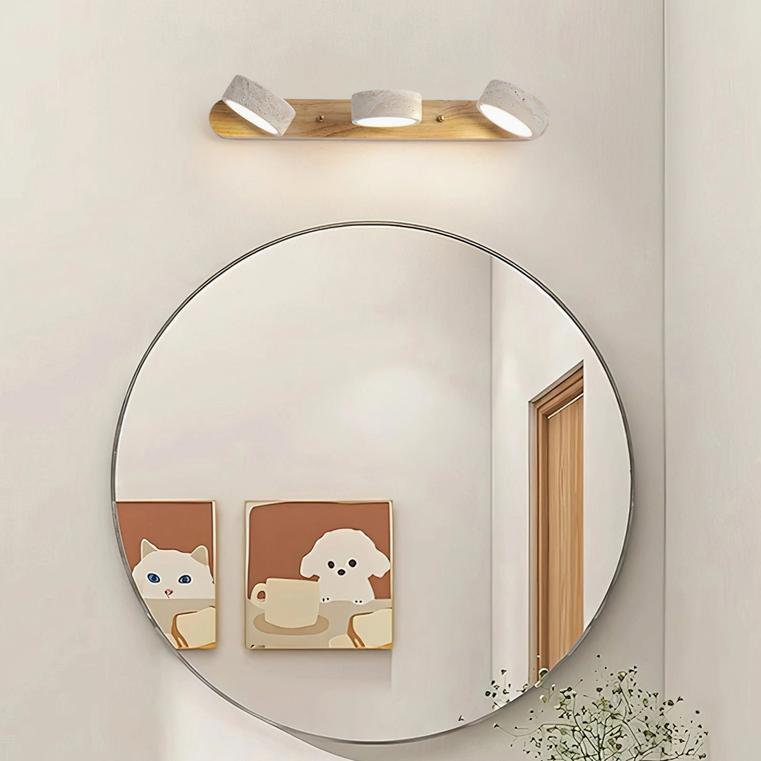 3-head elias travertine wall lamp bathroom vanity installation walnut wood finish