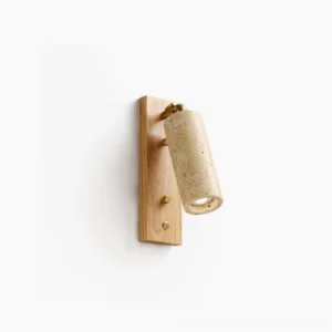 Travertine wall sconce with brass hardware and adjustable cylindrical shade, front flat close-up on white background