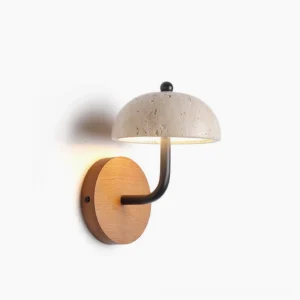 travertine wall sconce with warm LED light, front view on white background, stone and wood design