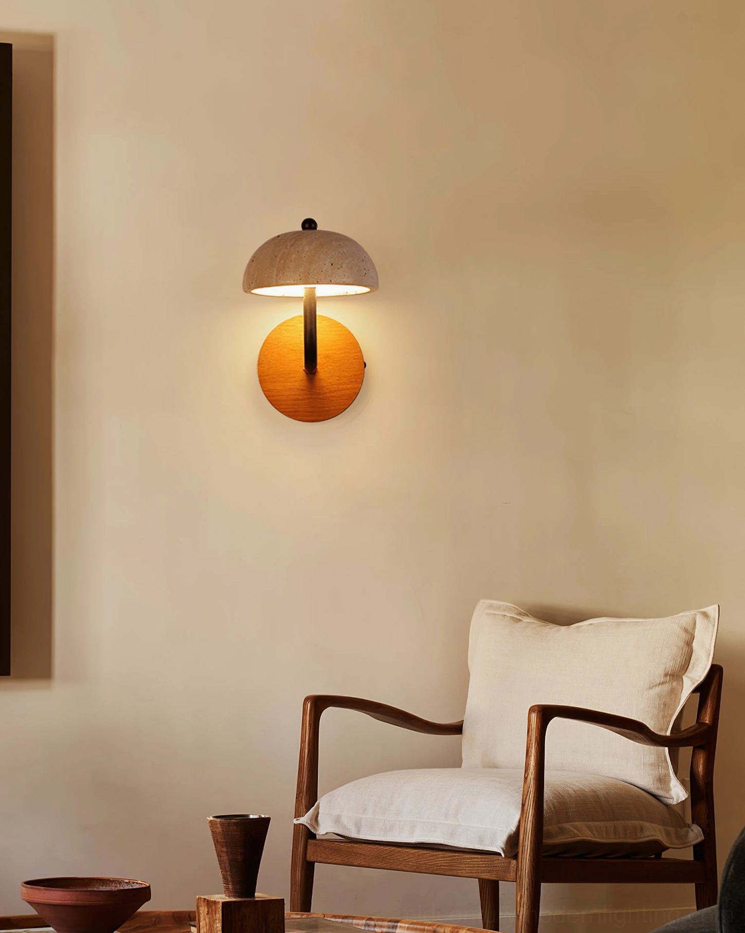 travertine wall sconce mounted display showing installation angle and room integration