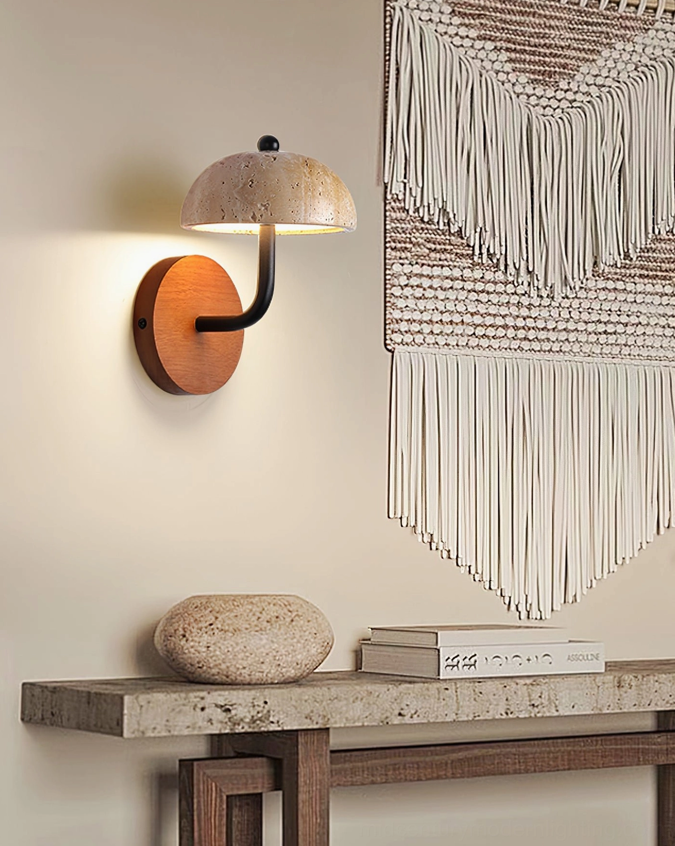 travertine wall lamp full product shot showing proportions, materials, and design aesthetic