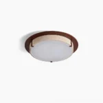 Travertine and walnut flush mount ceiling light, overhead front view, round modern LED fixture with stone trim