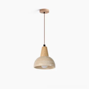 Travertine and wood dome pendant lamp with natural stone texture on white background, minimalist wabi-sabi design