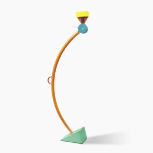 Treetops arc floor lamp front view with Memphis-style orange arm and teal geometric base on white background