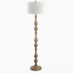 Tremblay turned wooden floor lamp with white fabric shade, studio front view showing full sculptural base and drum shade