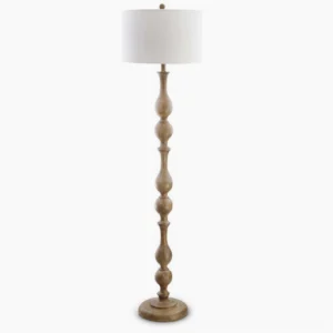 Tremblay turned wooden floor lamp with white fabric shade, studio front view showing full sculptural base and drum shade