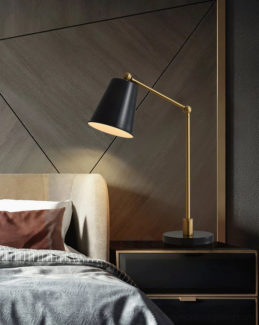 Tresa mid-century modern brass table lamp detail shot highlighting articulated arm mechanism