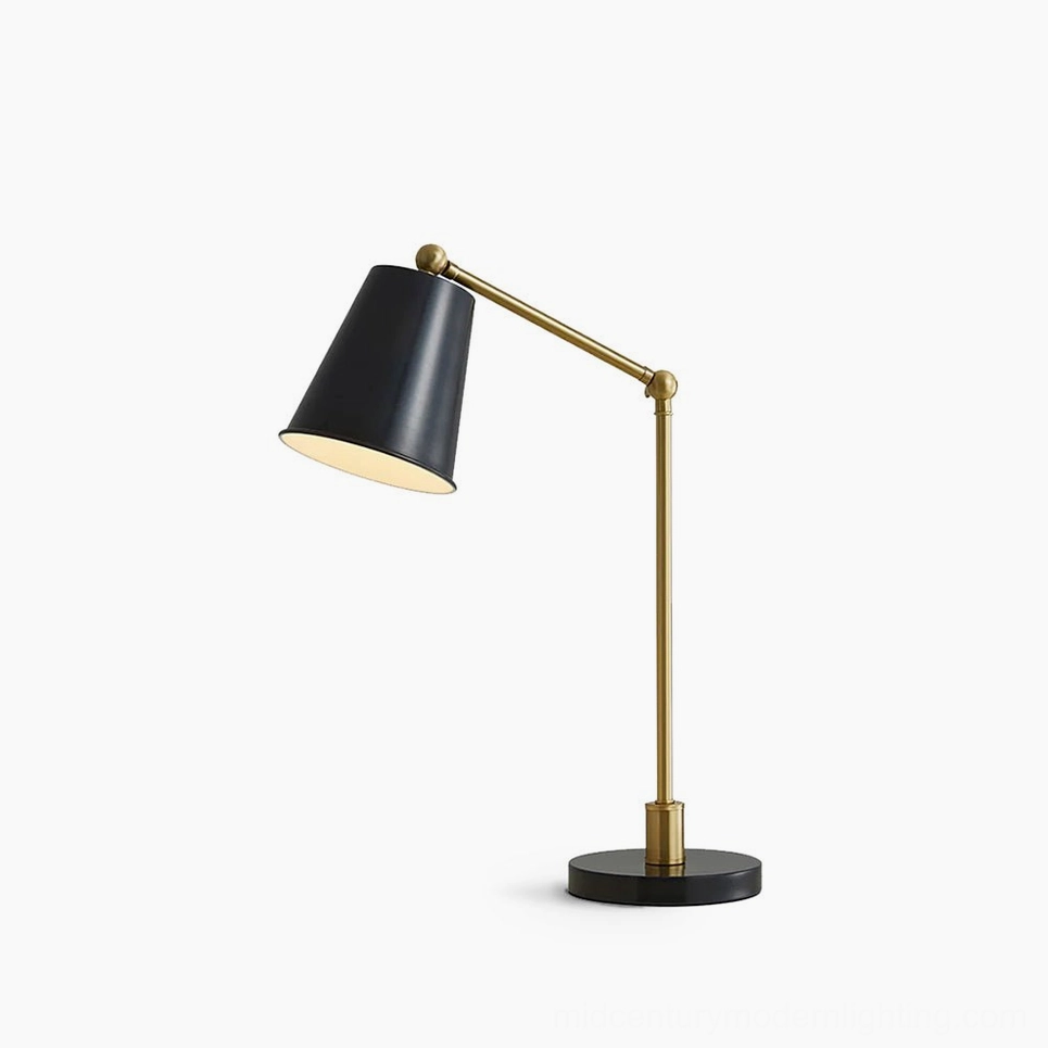 Tresa mid-century modern brass table lamp front view with adjustable arm on white background minimalist design