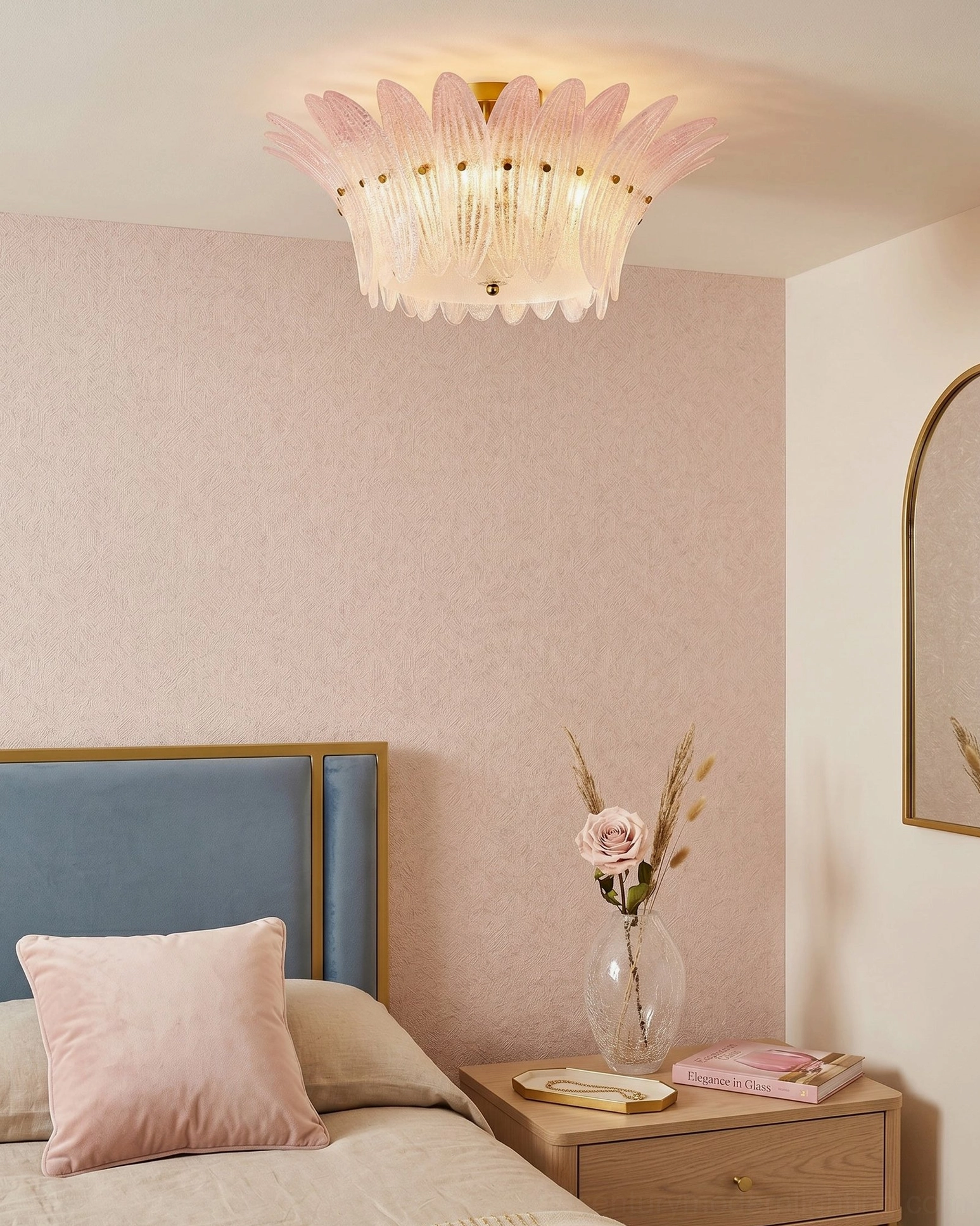 Treviso floral glass semi-flush light in cozy master bedroom with blue upholstered headboard and pink bed linens