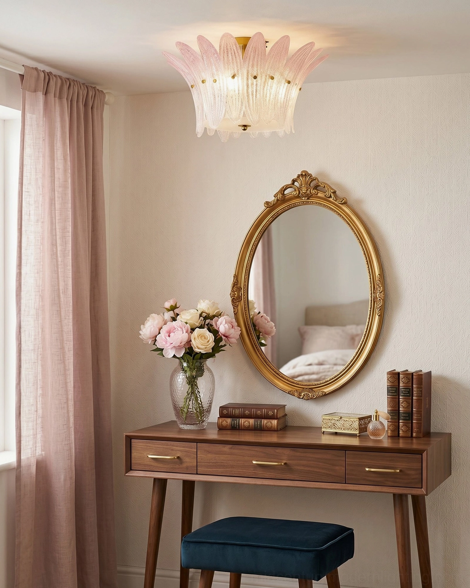 Treviso petal flush mount ceiling light in vintage feminine bedroom vanity nook with gold oval mirror and walnut wood vanity