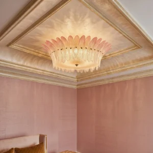 Treviso petal-shaped ceiling mount in luxury neoclassical bedroom with coffered ceiling and gilded architectural details
