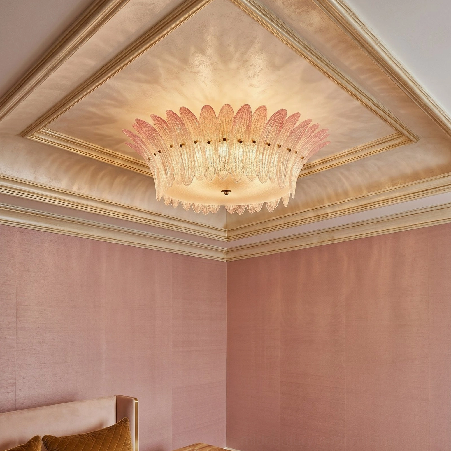 Treviso petal-shaped ceiling mount in luxury neoclassical bedroom with coffered ceiling and gilded architectural details
