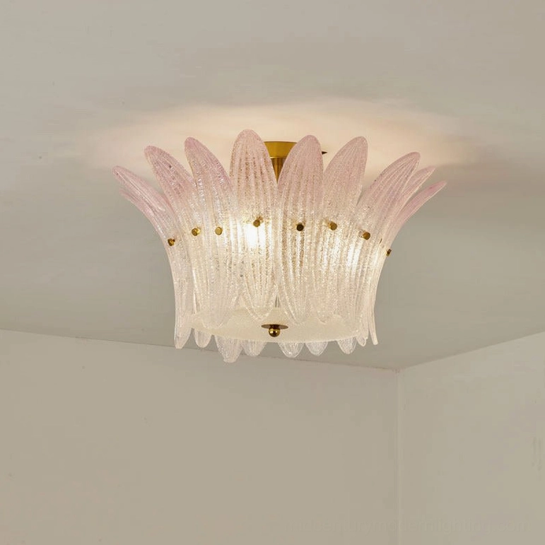 Treviso sculptural ceiling light low-angle view showing textured frosted glass petals and gold mounting hardware