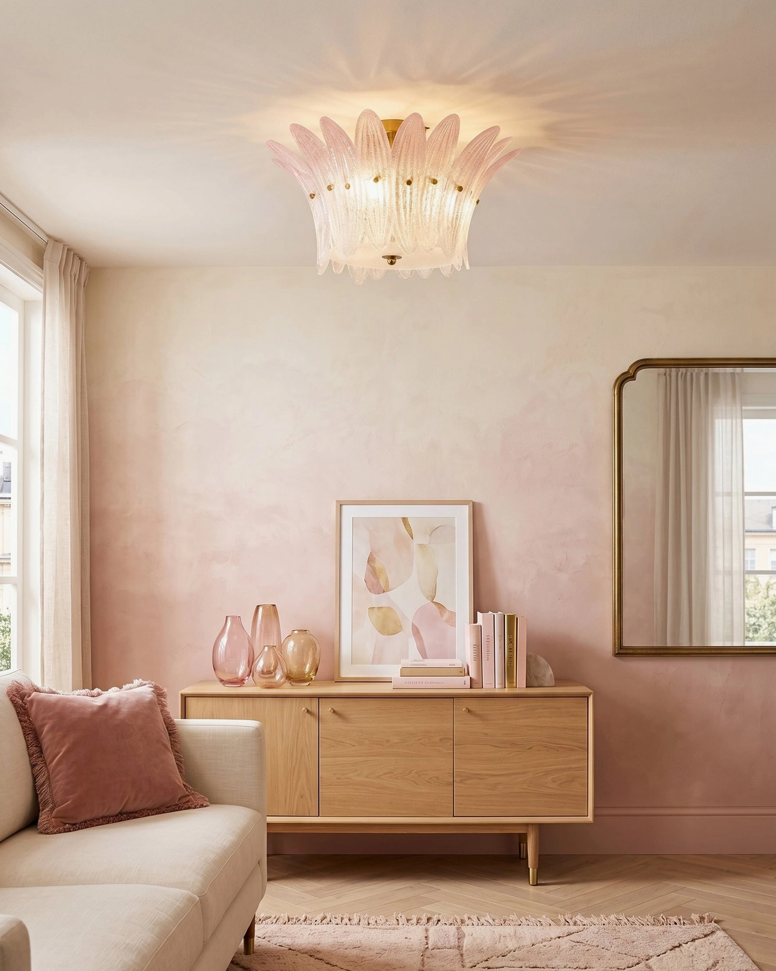 Treviso petal-style ceiling mount in warm pastel living room with light wood cabinetry and minimalist décor