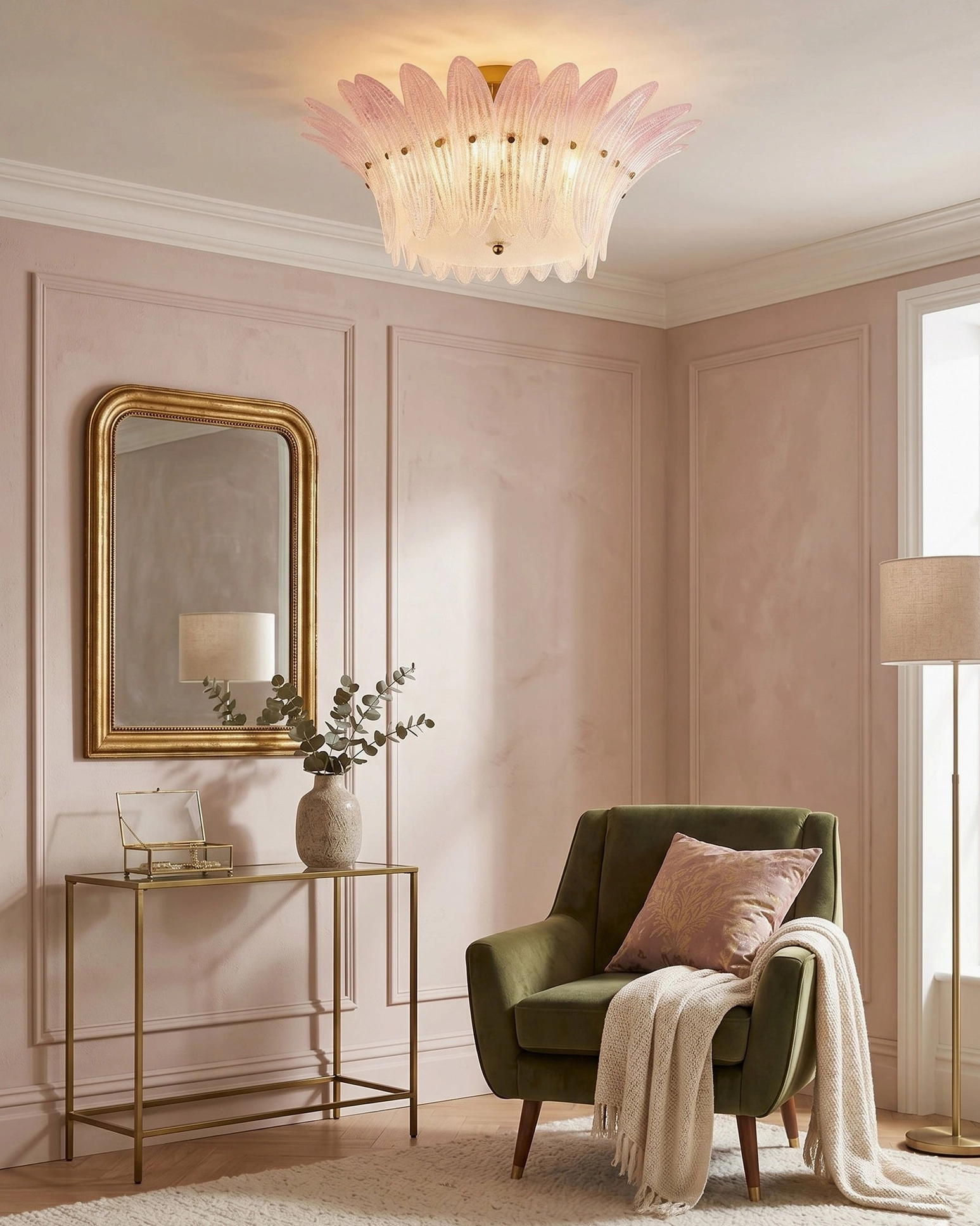 Treviso frosted glass ceiling light in elegant pastel sitting room with gold-framed mirror and green velvet armchair