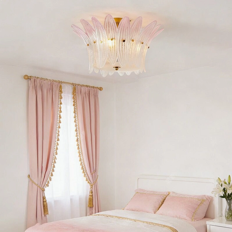 Treviso frosted glass flush mount ceiling light illuminating modern pastel pink bedroom with tassel-trimmed curtains
