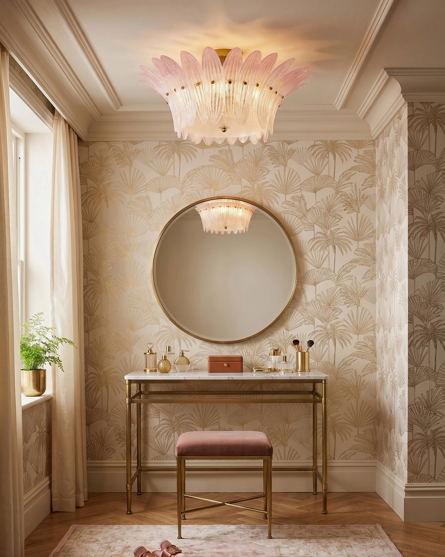 Treviso petal-shaped ceiling light in glamorous makeup vanity room with palm leaf wallpaper and round gold mirror