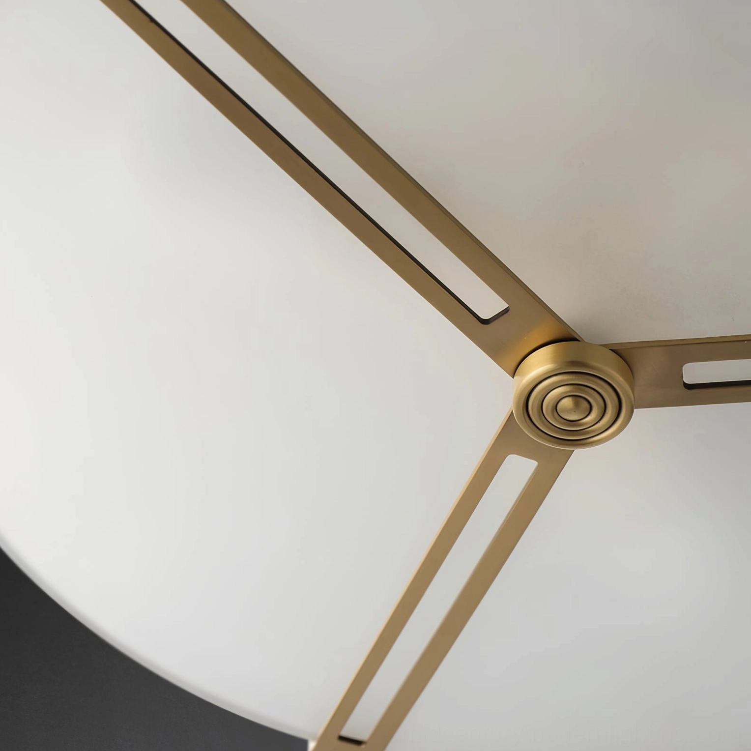Triangular brass frame ceiling lamp with frosted glass diffuser architectural design