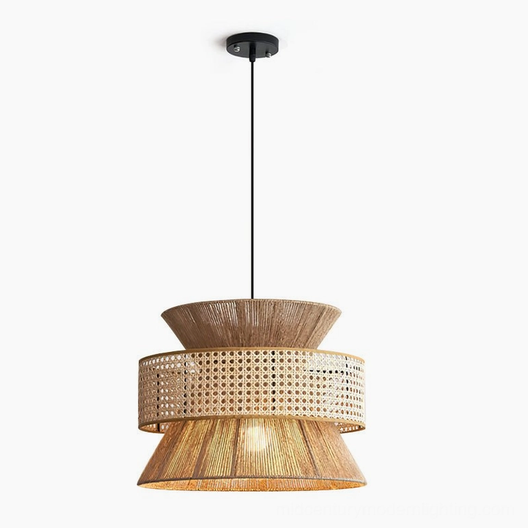 Tribe natural rattan woven pendant lamp 40cm diameter with tiered layered design and hemp rope suspension