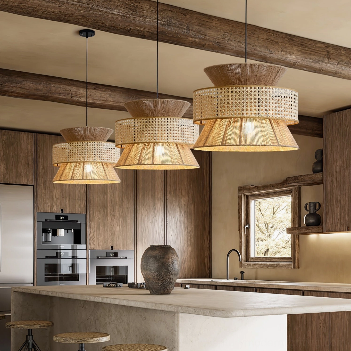 Full view of Tribe woven rattan pendant lamp with balanced proportions and natural material aesthetic