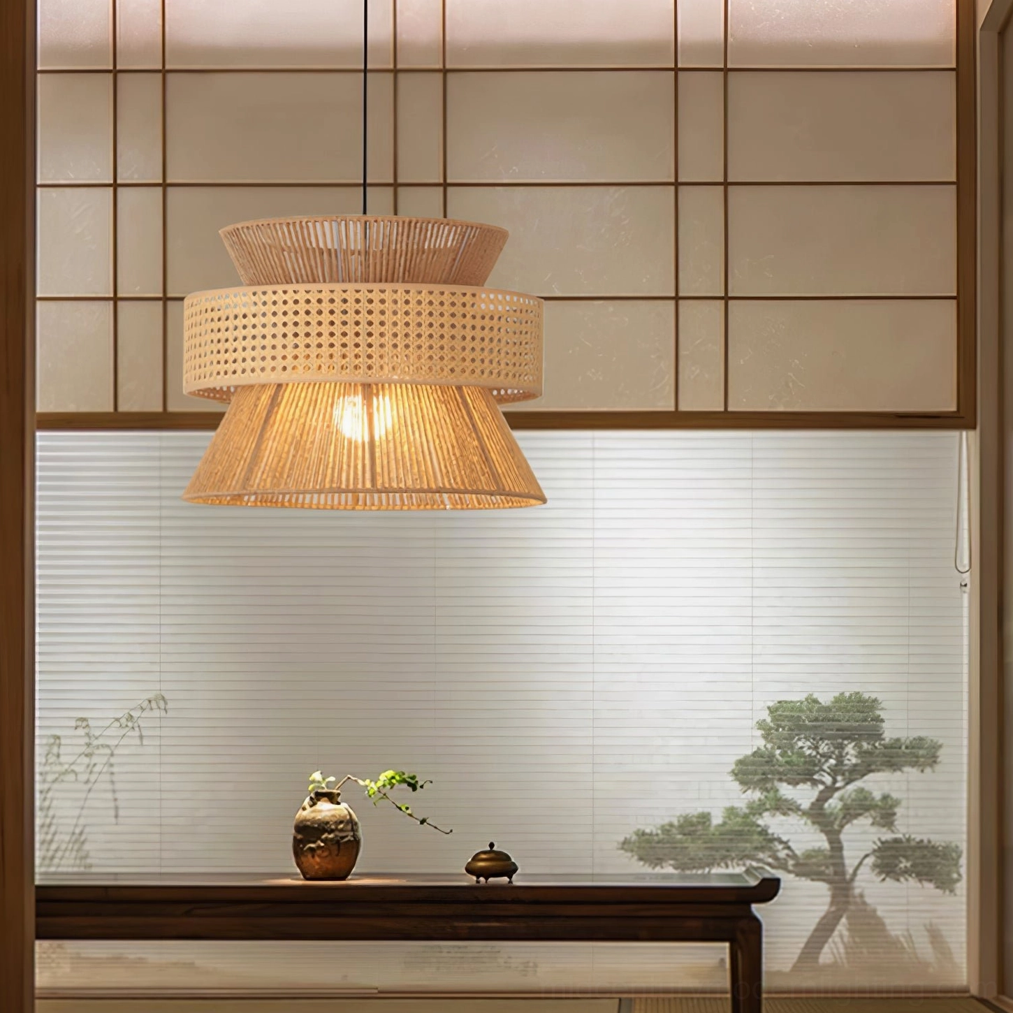 Rattan pendant light suspended in bohemian interior space with natural wood furniture and botanical accents