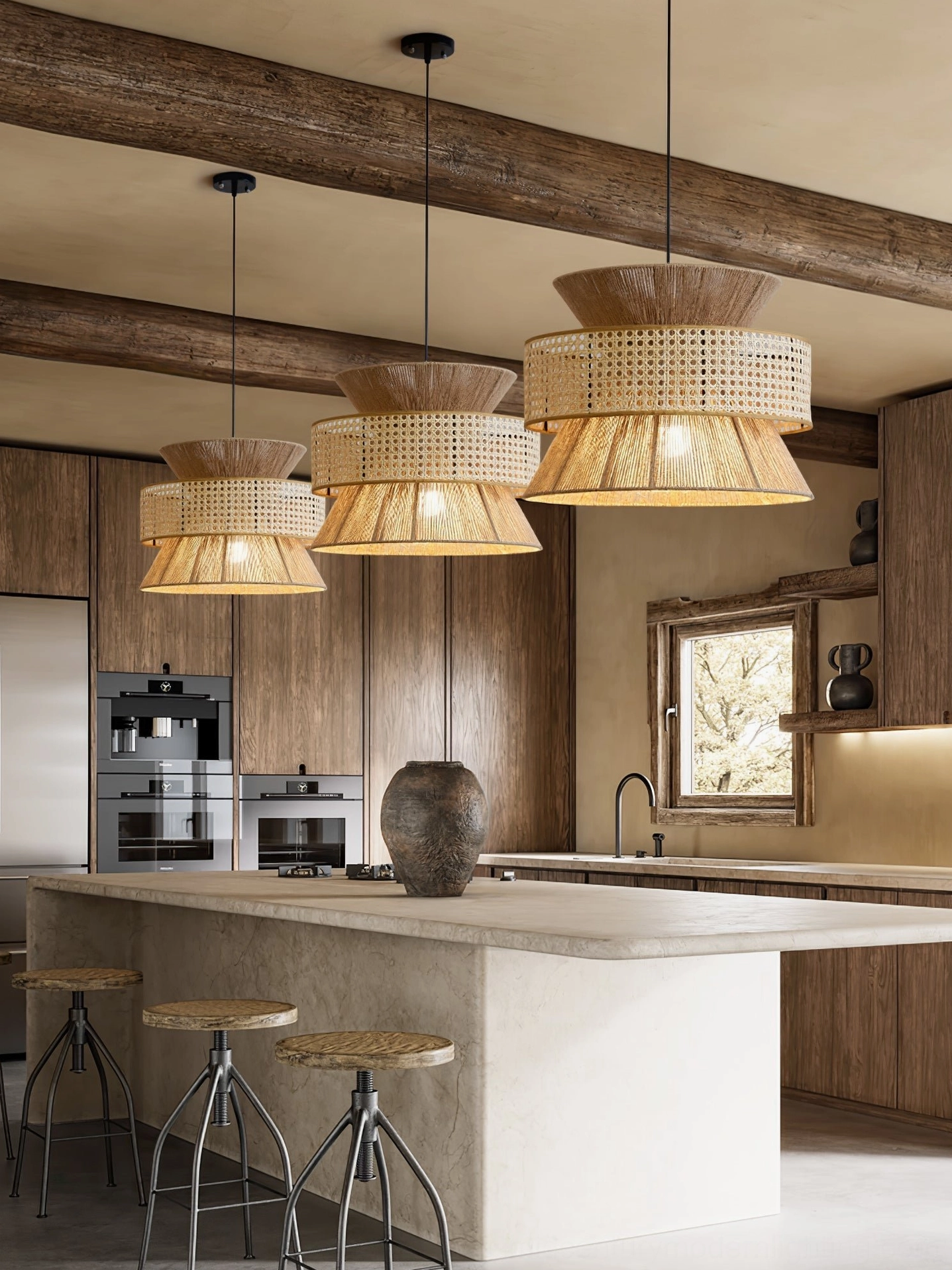 Woven rattan pendant shade with hemp rope and metal frame construction on neutral background