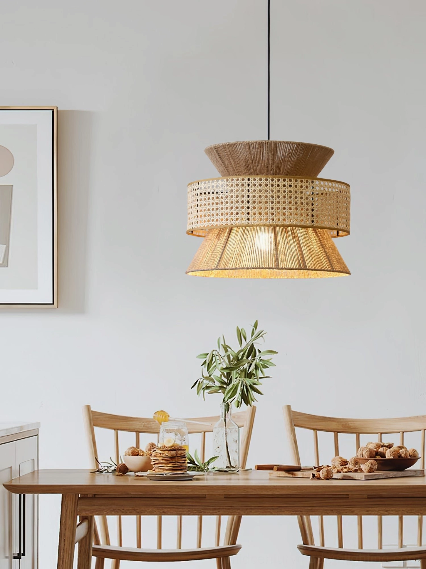Tribe rattan pendant lamp close-up detail showing handwoven natural fiber construction and organic texture