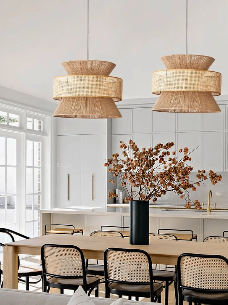Natural rattan tiered pendant light with warm honey tone showcasing mid-century modern bohemian aesthetic