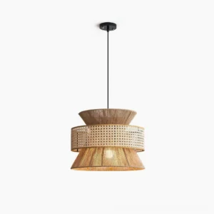 Tribe woven rattan pendant lamp with tiered layered shade and natural honey tone finish on white studio background
