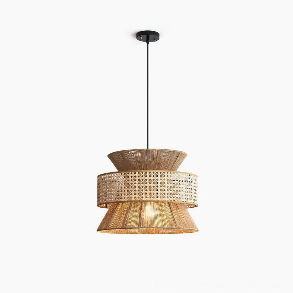 Tribe woven rattan pendant lamp with tiered layered shade and natural honey tone finish on white studio background