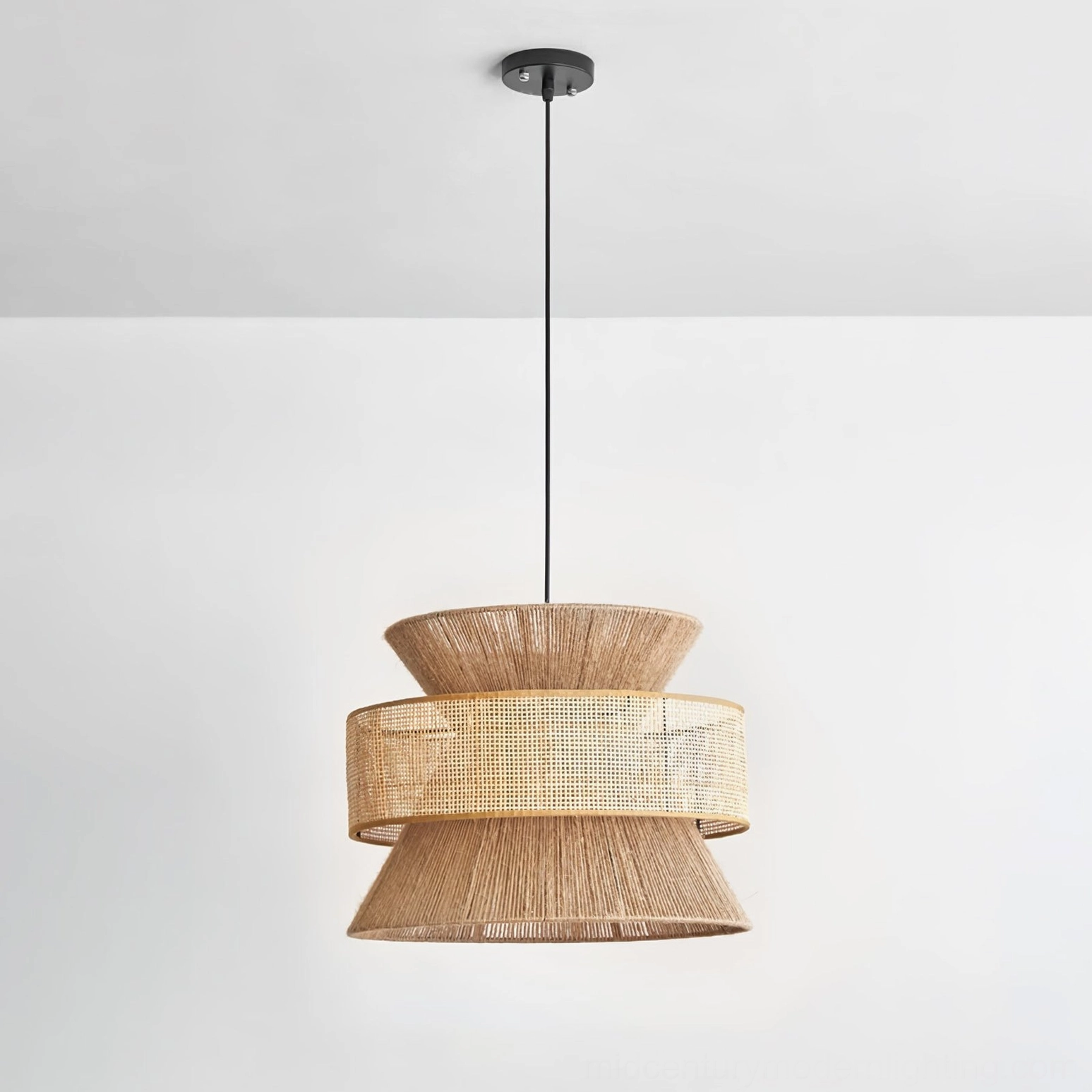 Minimalist two-tier smooth woven rattan pendant shade in light brown natural tone on white background
