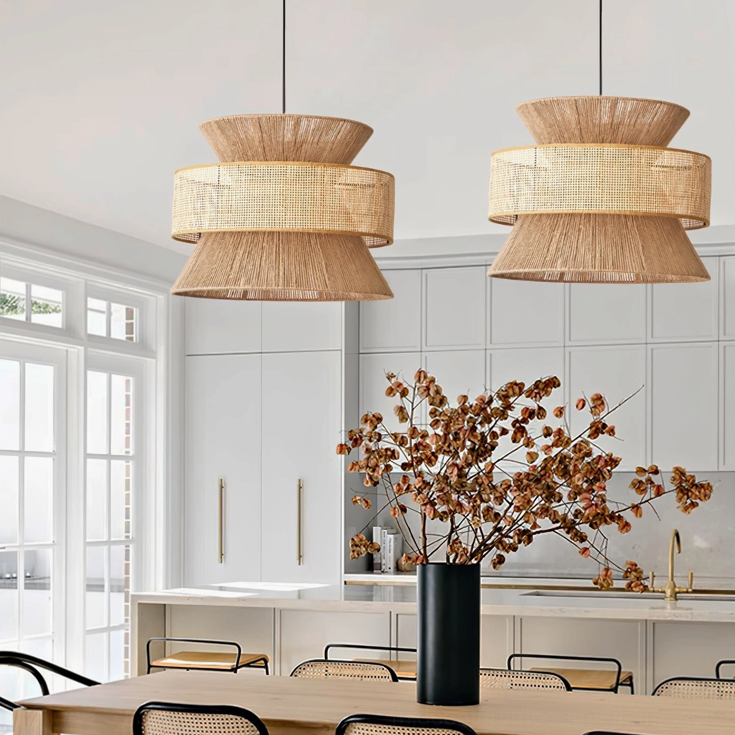 Dual matching woven rattan pendant lights coordinated in bright modern kitchen dining space with dried florals