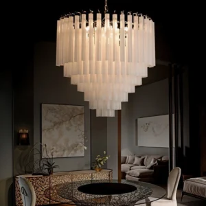 Triedra Cascade Chandelier installed in luxury dining room soft warm glow illuminated