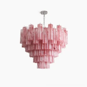 Triedri prismatic glass chandelier with hand-blown geometric prisms in Tiffany Blue, polished chrome frame, studio white background