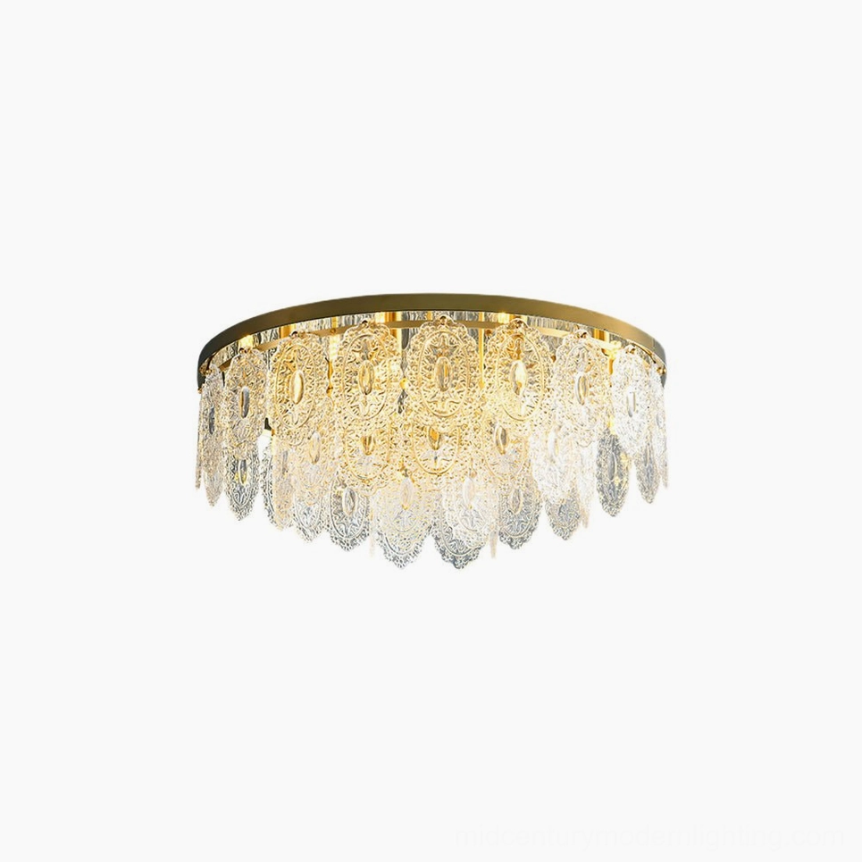 All three sizes of Trillion ceiling lamp collection showing small medium and large brass crystal fixture options
