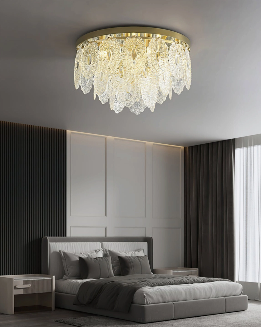 Contemporary brass ceiling lamp with crystal pendant accents displaying modern minimalist design aesthetic