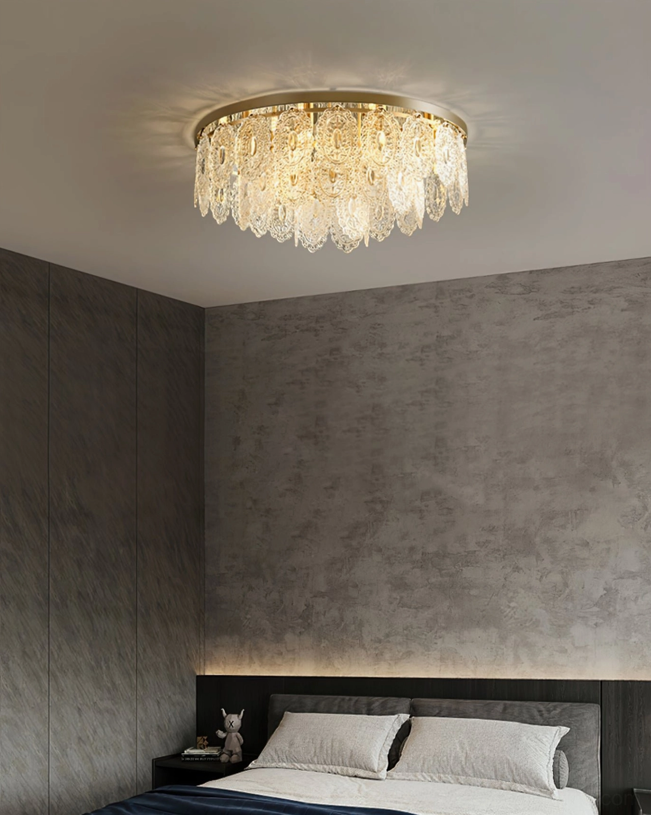 Illuminated Trillion brass ceiling lamp in contemporary master bedroom with concrete accent wall
